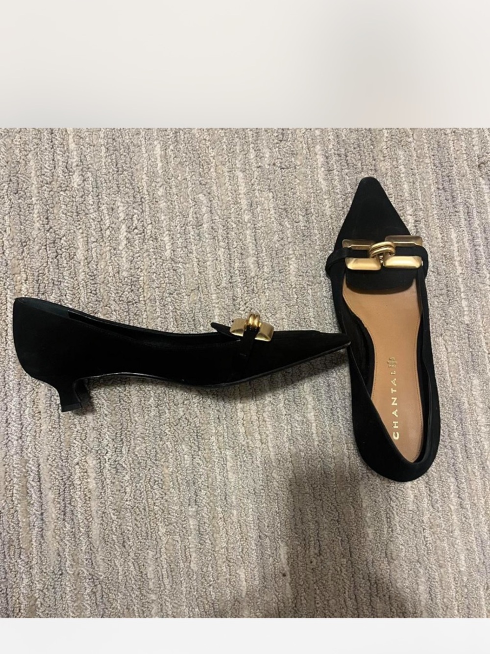 Chantal Kitten Heel Pointed Flats in Black with Gold Accent